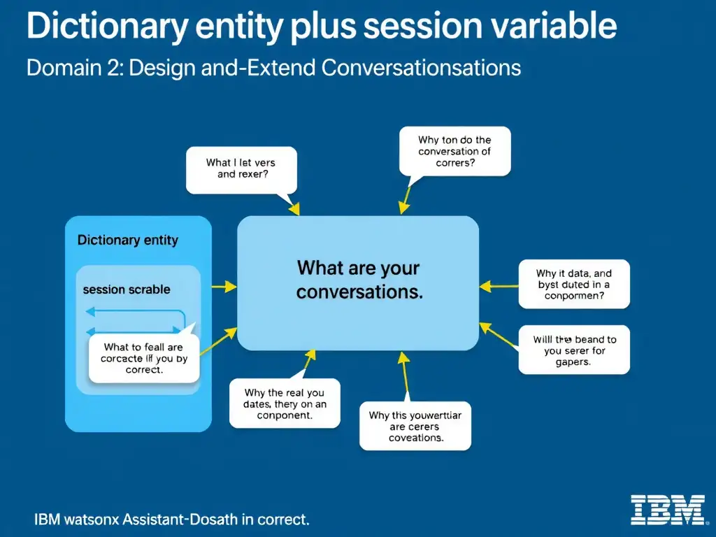 Educational infographic for IBM watsonx Assistant: visualize the concept of 'Dictionary entity plus session variable' within the 'Domain 2: Design and Extend Conversations' domain. Use a clean diagram or layered flow showing how this capability fits into a conversational AI lifecycle — labeled boxes for key components, arrows showing data or conversation flow, IBM blue/navy color palette with white text callouts highlighting why this answer is correct.