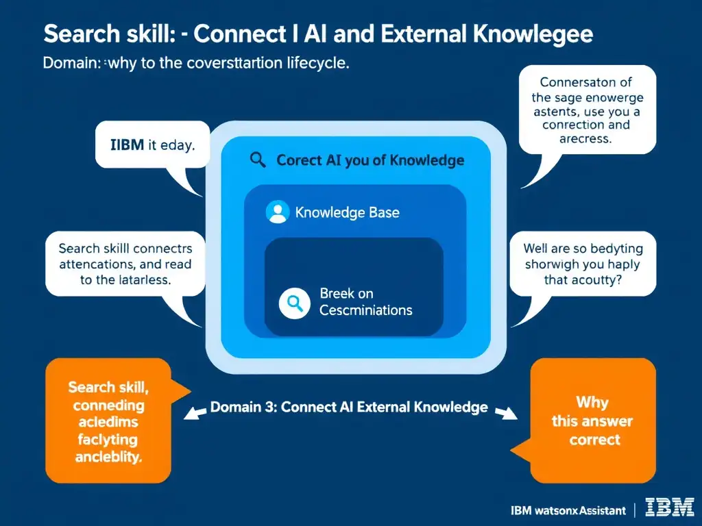 Educational infographic for IBM watsonx Assistant: visualize the concept of 'Search skill connected to a knowledge base' within the 'Domain 3: Connect AI and External Knowledge' domain. Use a clean diagram or layered flow showing how this capability fits into a conversational AI lifecycle — labeled boxes for key components, arrows showing data or conversation flow, IBM blue/navy color palette with white text callouts highlighting why this answer is correct.
