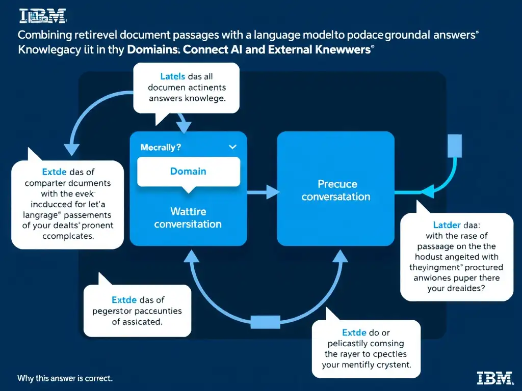 Educational infographic for IBM watsonx Assistant: visualize the concept of 'Combining retrieved document passages with a language model to produce grounded answers' within the 'Domain 3: Connect AI and External Knowledge' domain. Use a clean diagram or layered flow showing how this capability fits into a conversational AI lifecycle — labeled boxes for key components, arrows showing data or conversation flow, IBM blue/navy color palette with white text callouts highlighting why this answer is correct.