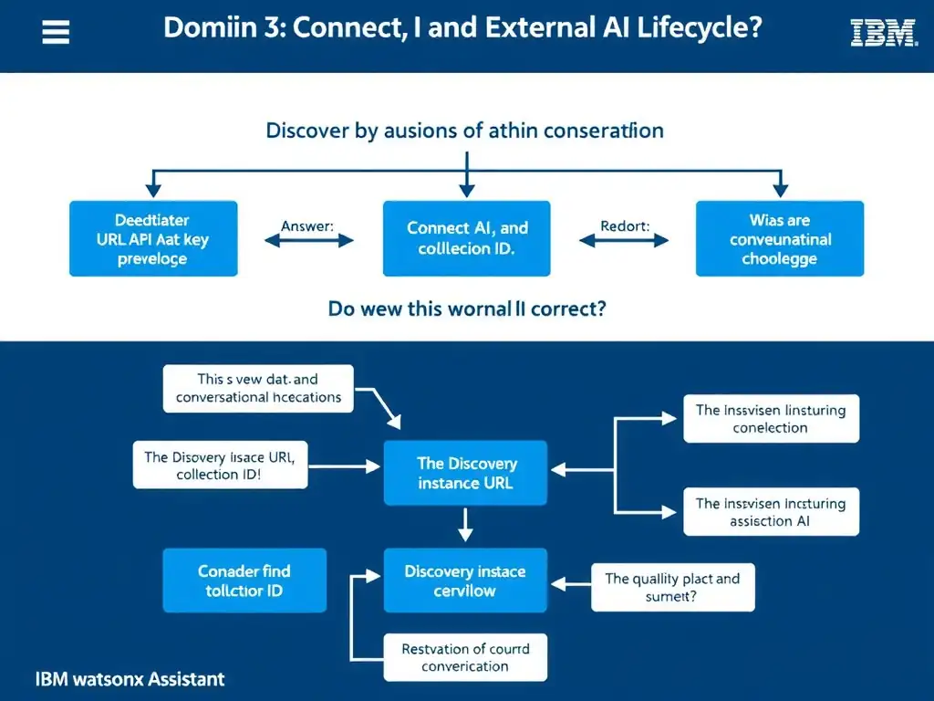 Educational infographic for IBM watsonx Assistant: visualize the concept of 'The Discovery instance URL; API key; and collection ID' within the 'Domain 3: Connect AI and External Knowledge' domain. Use a clean diagram or layered flow showing how this capability fits into a conversational AI lifecycle — labeled boxes for key components, arrows showing data or conversation flow, IBM blue/navy color palette with white text callouts highlighting why this answer is correct.