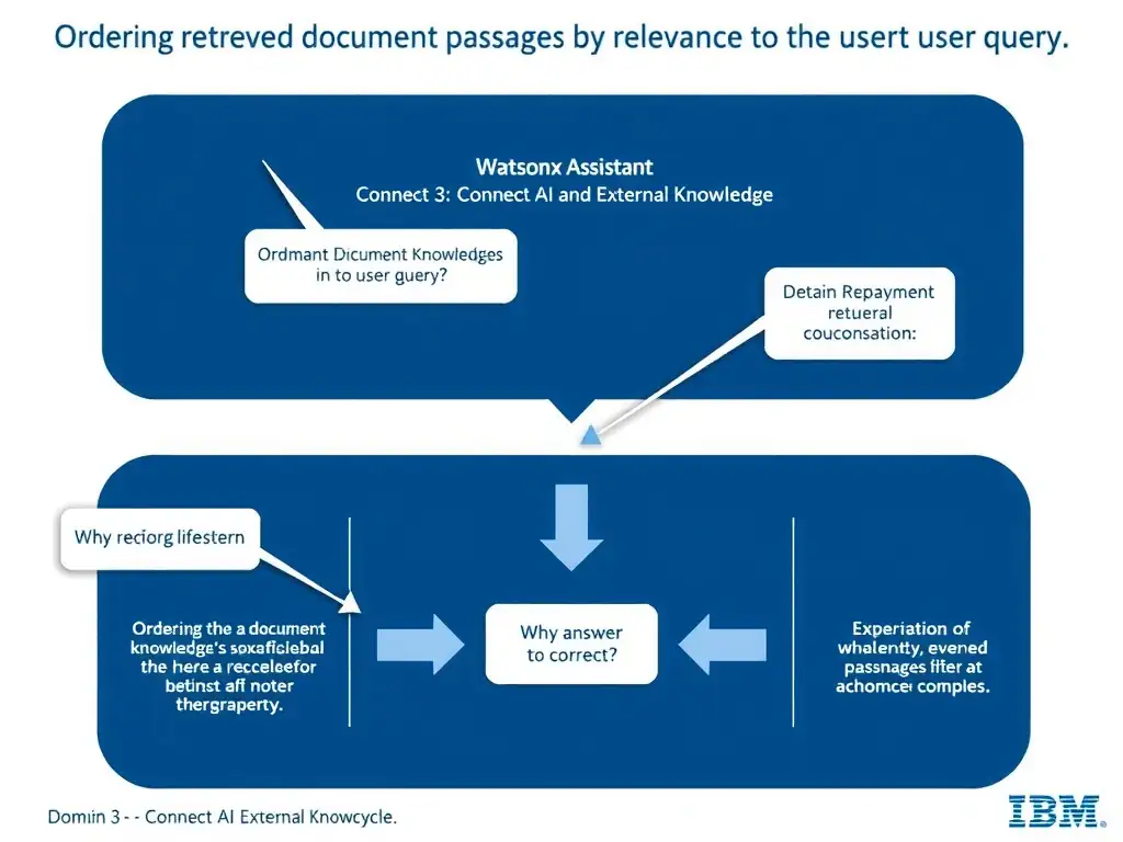 Educational infographic for IBM watsonx Assistant: visualize the concept of 'Ordering retrieved document passages by relevance to the user query' within the 'Domain 3: Connect AI and External Knowledge' domain. Use a clean diagram or layered flow showing how this capability fits into a conversational AI lifecycle — labeled boxes for key components, arrows showing data or conversation flow, IBM blue/navy color palette with white text callouts highlighting why this answer is correct.