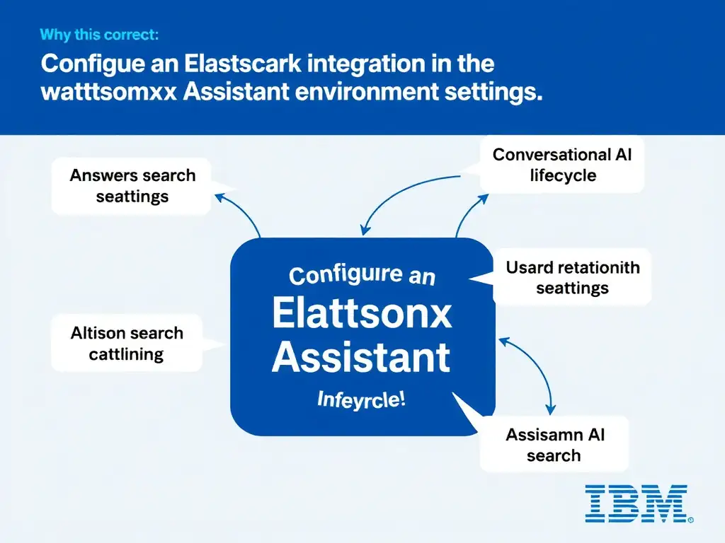 Educational infographic for IBM watsonx Assistant: visualize the concept of 'Configure an Elasticsearch search integration in the watsonx Assistant environment settings' within the 'Domain 3: Connect AI and External Knowledge' domain. Use a clean diagram or layered flow showing how this capability fits into a conversational AI lifecycle — labeled boxes for key components, arrows showing data or conversation flow, IBM blue/navy color palette with white text callouts highlighting why this answer is correct.
