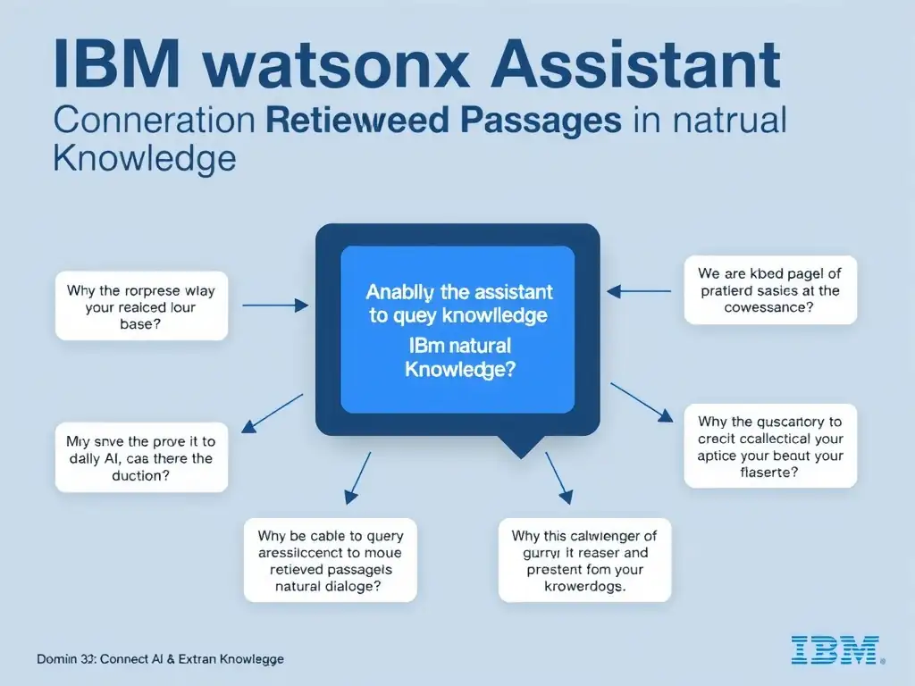 Educational infographic for IBM watsonx Assistant: visualize the concept of 'Enabling the assistant to query a knowledge base and present retrieved passages in natural dialogue' within the 'Domain 3: Connect AI and External Knowledge' domain. Use a clean diagram or layered flow showing how this capability fits into a conversational AI lifecycle — labeled boxes for key components, arrows showing data or conversation flow, IBM blue/navy color palette with white text callouts highlighting why this answer is correct.