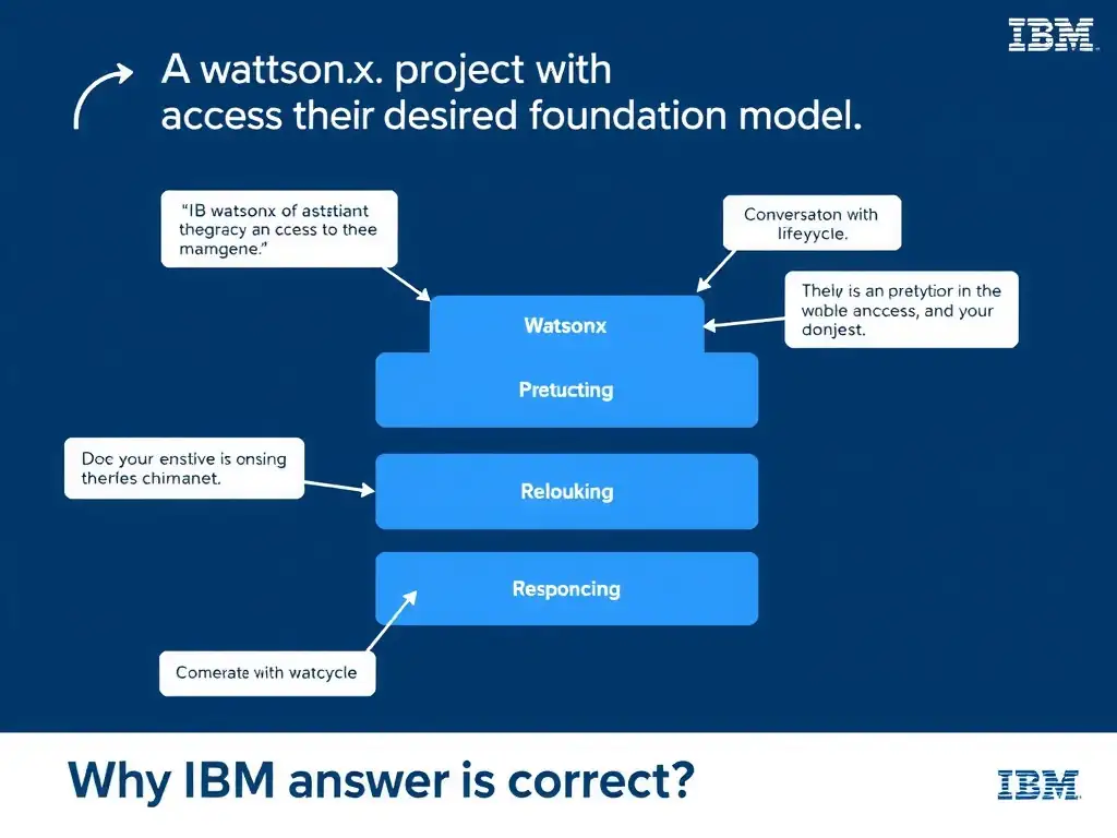 Educational infographic for IBM watsonx Assistant: visualize the concept of 'A watsonx.ai project with access to the desired foundation model' within the 'Domain 4: Integrate with watsonx' domain. Use a clean diagram or layered flow showing how this capability fits into a conversational AI lifecycle — labeled boxes for key components, arrows showing data or conversation flow, IBM blue/navy color palette with white text callouts highlighting why this answer is correct.
