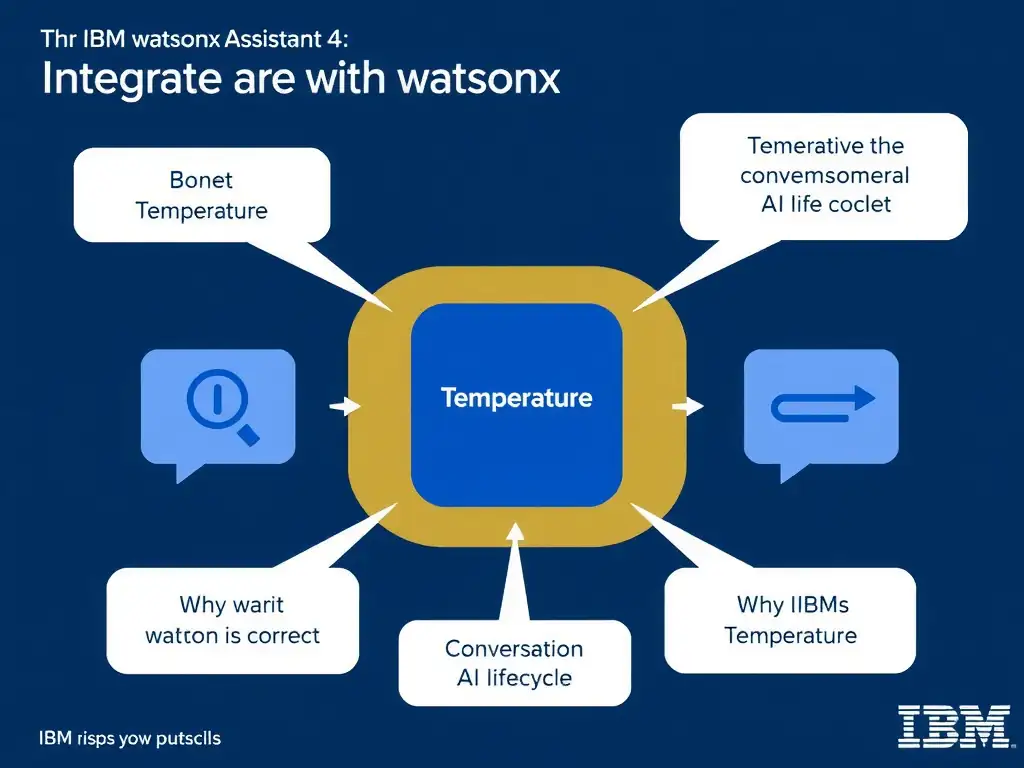 Educational infographic for IBM watsonx Assistant: visualize the concept of 'Temperature' within the 'Domain 4: Integrate with watsonx' domain. Use a clean diagram or layered flow showing how this capability fits into a conversational AI lifecycle — labeled boxes for key components, arrows showing data or conversation flow, IBM blue/navy color palette with white text callouts highlighting why this answer is correct.