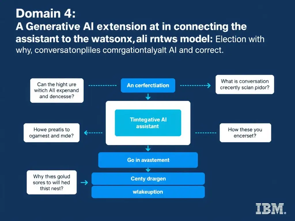 Educational infographic for IBM watsonx Assistant: visualize the concept of 'A Generative AI extension connecting the assistant to the watsonx.ai project and model' within the 'Domain 4: Integrate with watsonx' domain. Use a clean diagram or layered flow showing how this capability fits into a conversational AI lifecycle — labeled boxes for key components, arrows showing data or conversation flow, IBM blue/navy color palette with white text callouts highlighting why this answer is correct.