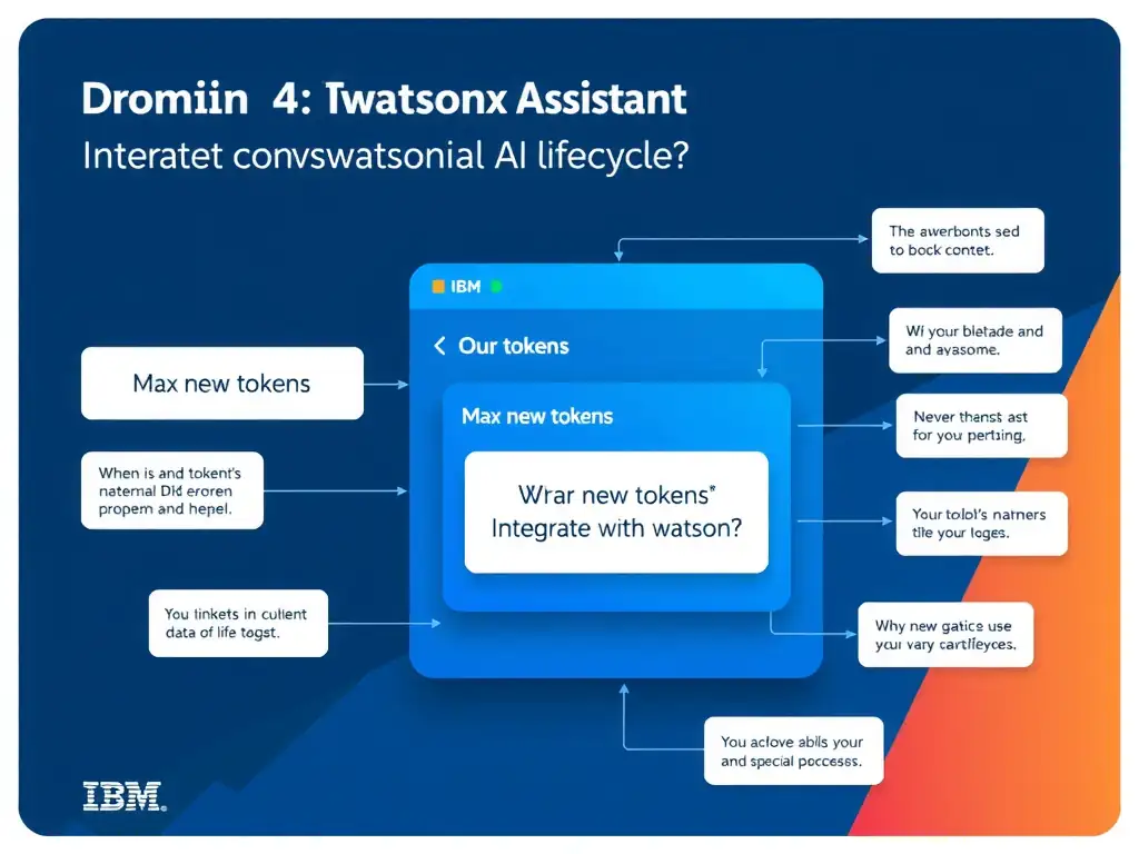 Educational infographic for IBM watsonx Assistant: visualize the concept of 'Max new tokens' within the 'Domain 4: Integrate with watsonx' domain. Use a clean diagram or layered flow showing how this capability fits into a conversational AI lifecycle — labeled boxes for key components, arrows showing data or conversation flow, IBM blue/navy color palette with white text callouts highlighting why this answer is correct.