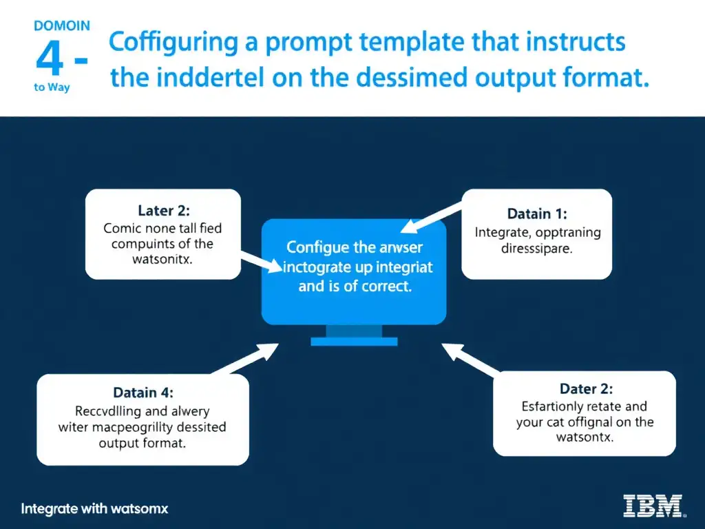 Educational infographic for IBM watsonx Assistant: visualize the concept of 'Configuring a prompt template that instructs the model on the desired output format' within the 'Domain 4: Integrate with watsonx' domain. Use a clean diagram or layered flow showing how this capability fits into a conversational AI lifecycle — labeled boxes for key components, arrows showing data or conversation flow, IBM blue/navy color palette with white text callouts highlighting why this answer is correct.