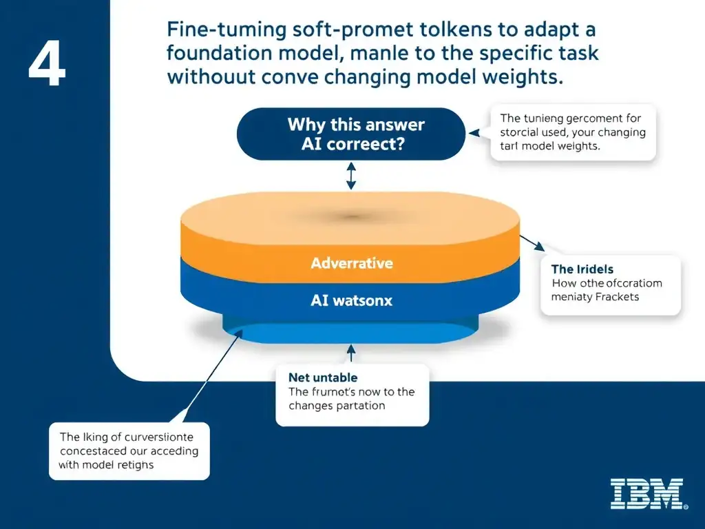 Educational infographic for IBM watsonx Assistant: visualize the concept of 'Fine-tuning soft prompt tokens to adapt a foundation model to a specific task without changing model weights' within the 'Domain 4: Integrate with watsonx' domain. Use a clean diagram or layered flow showing how this capability fits into a conversational AI lifecycle — labeled boxes for key components, arrows showing data or conversation flow, IBM blue/navy color palette with white text callouts highlighting why this answer is correct.