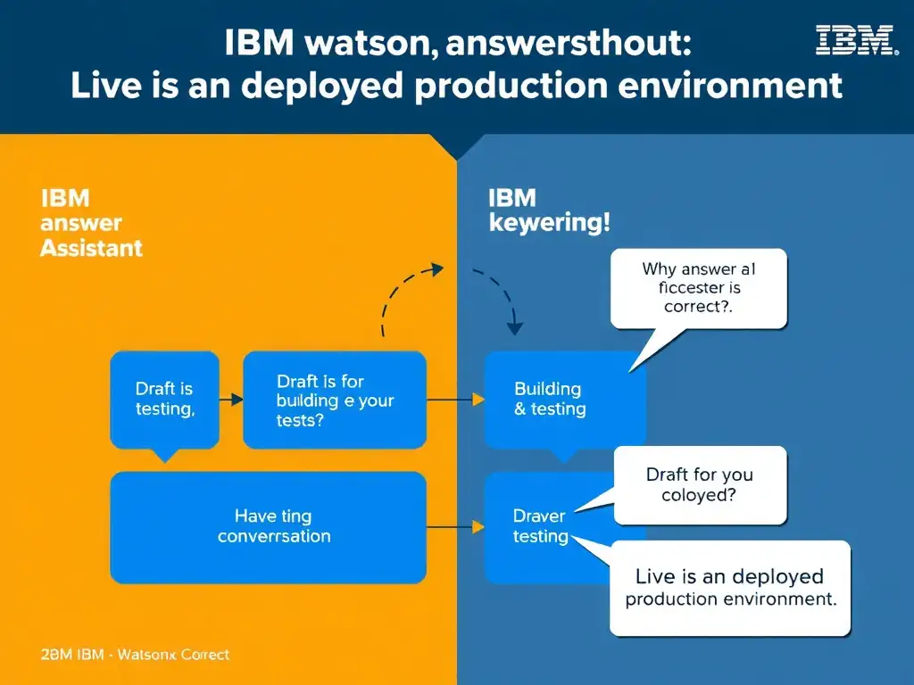 Educational infographic for IBM watsonx Assistant: visualize the concept of 'Draft is for building and testing; Live is the deployed production environment' within the 'Domain 5: Administration' domain. Use a clean diagram or layered flow showing how this capability fits into a conversational AI lifecycle — labeled boxes for key components, arrows showing data or conversation flow, IBM blue/navy color palette with white text callouts highlighting why this answer is correct.