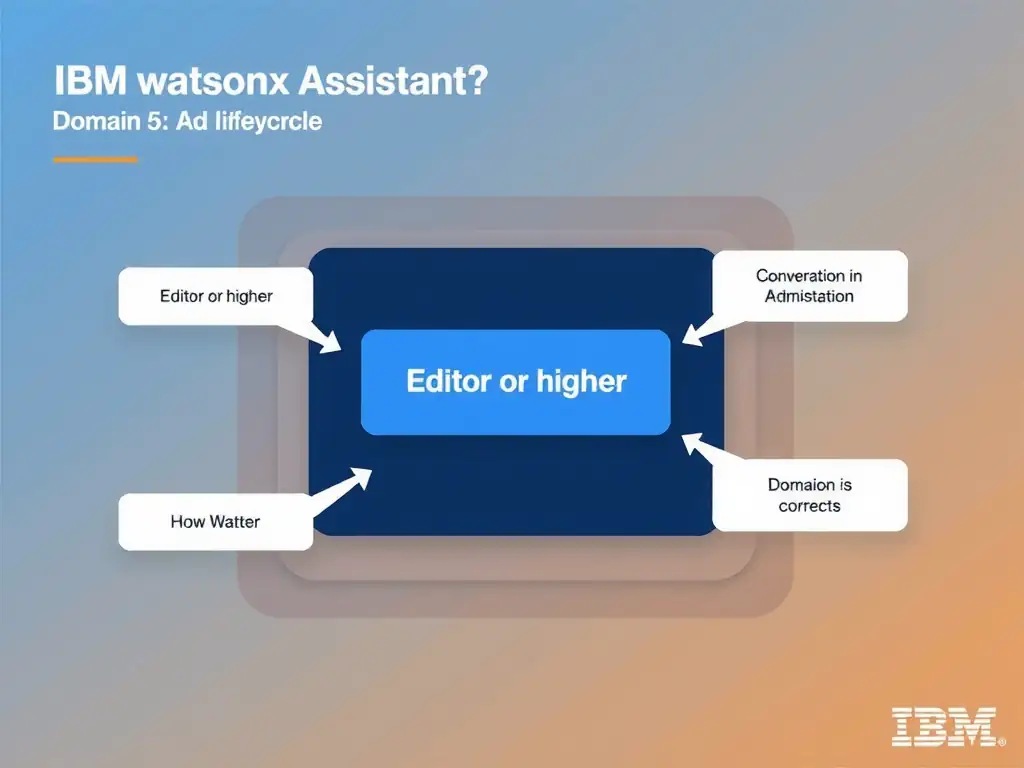 Educational infographic for IBM watsonx Assistant: visualize the concept of 'Editor or higher' within the 'Domain 5: Administration' domain. Use a clean diagram or layered flow showing how this capability fits into a conversational AI lifecycle — labeled boxes for key components, arrows showing data or conversation flow, IBM blue/navy color palette with white text callouts highlighting why this answer is correct.