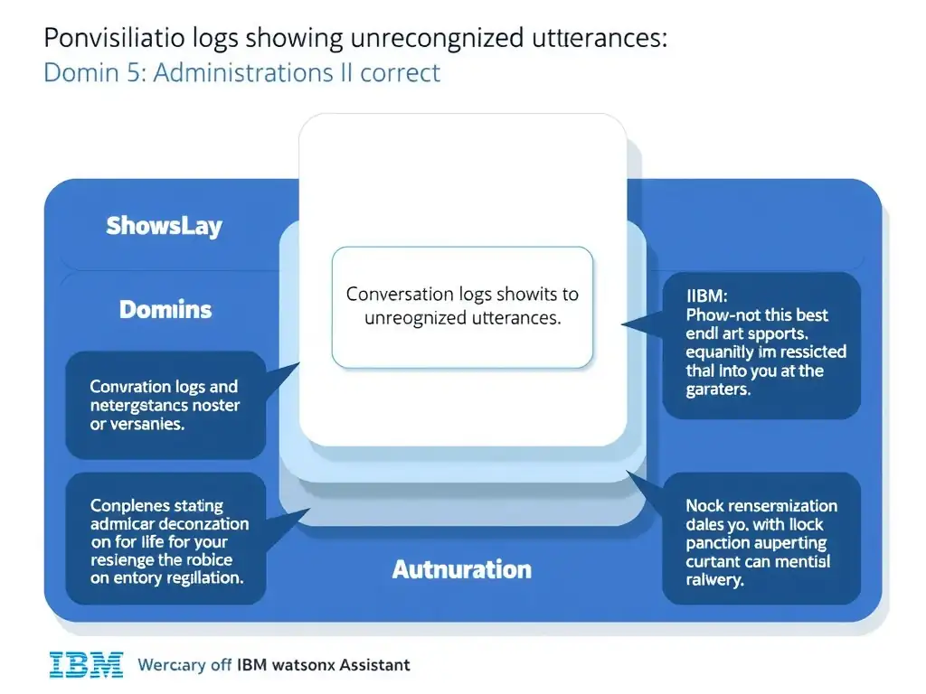 Educational infographic for IBM watsonx Assistant: visualize the concept of 'Conversation logs showing unrecognized utterances' within the 'Domain 5: Administration' domain. Use a clean diagram or layered flow showing how this capability fits into a conversational AI lifecycle — labeled boxes for key components, arrows showing data or conversation flow, IBM blue/navy color palette with white text callouts highlighting why this answer is correct.