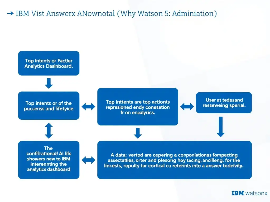 Educational infographic for IBM watsonx Assistant: visualize the concept of 'Top intents or top actions report in the analytics dashboard' within the 'Domain 5: Administration' domain. Use a clean diagram or layered flow showing how this capability fits into a conversational AI lifecycle — labeled boxes for key components, arrows showing data or conversation flow, IBM blue/navy color palette with white text callouts highlighting why this answer is correct.