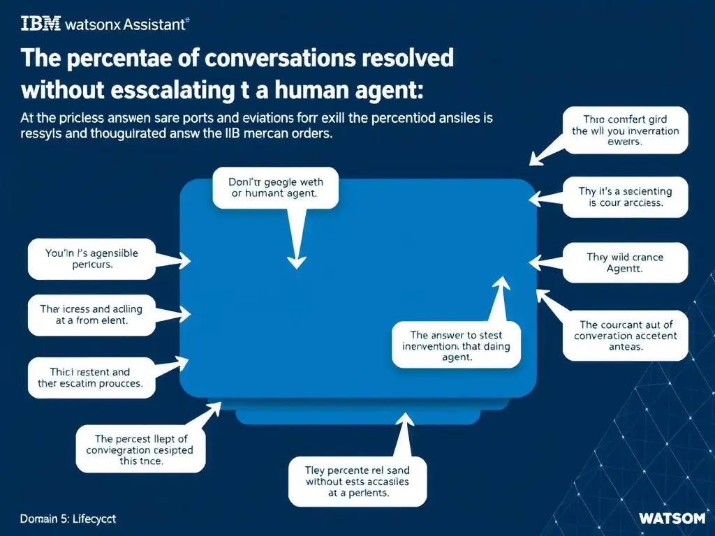 Educational infographic for IBM watsonx Assistant: visualize the concept of 'The percentage of conversations resolved without escalating to a human agent' within the 'Domain 5: Administration' domain. Use a clean diagram or layered flow showing how this capability fits into a conversational AI lifecycle — labeled boxes for key components, arrows showing data or conversation flow, IBM blue/navy color palette with white text callouts highlighting why this answer is correct.
