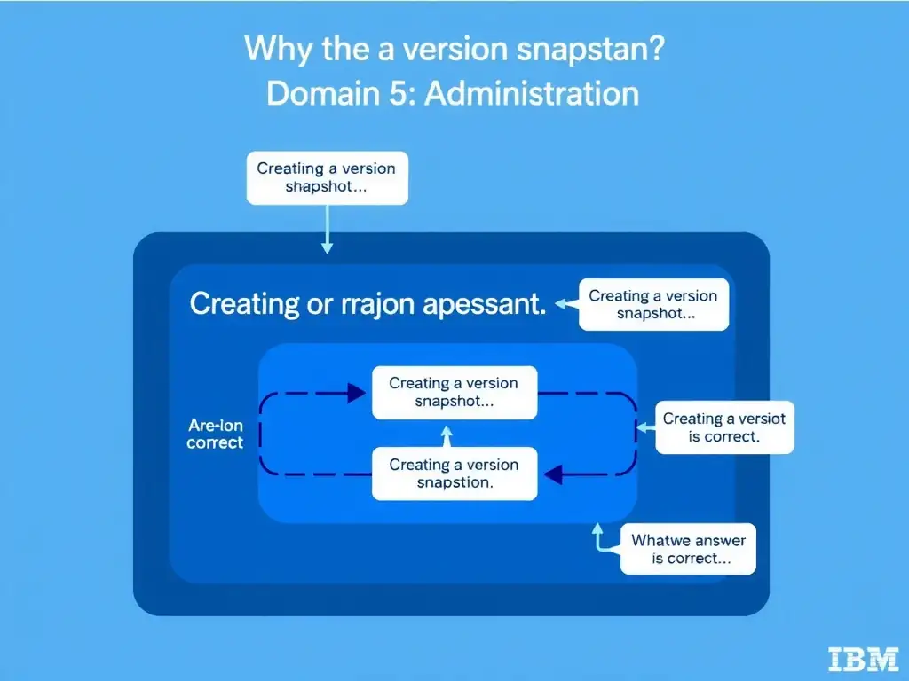 Educational infographic for IBM watsonx Assistant: visualize the concept of 'Creating a version snapshot' within the 'Domain 5: Administration' domain. Use a clean diagram or layered flow showing how this capability fits into a conversational AI lifecycle — labeled boxes for key components, arrows showing data or conversation flow, IBM blue/navy color palette with white text callouts highlighting why this answer is correct.