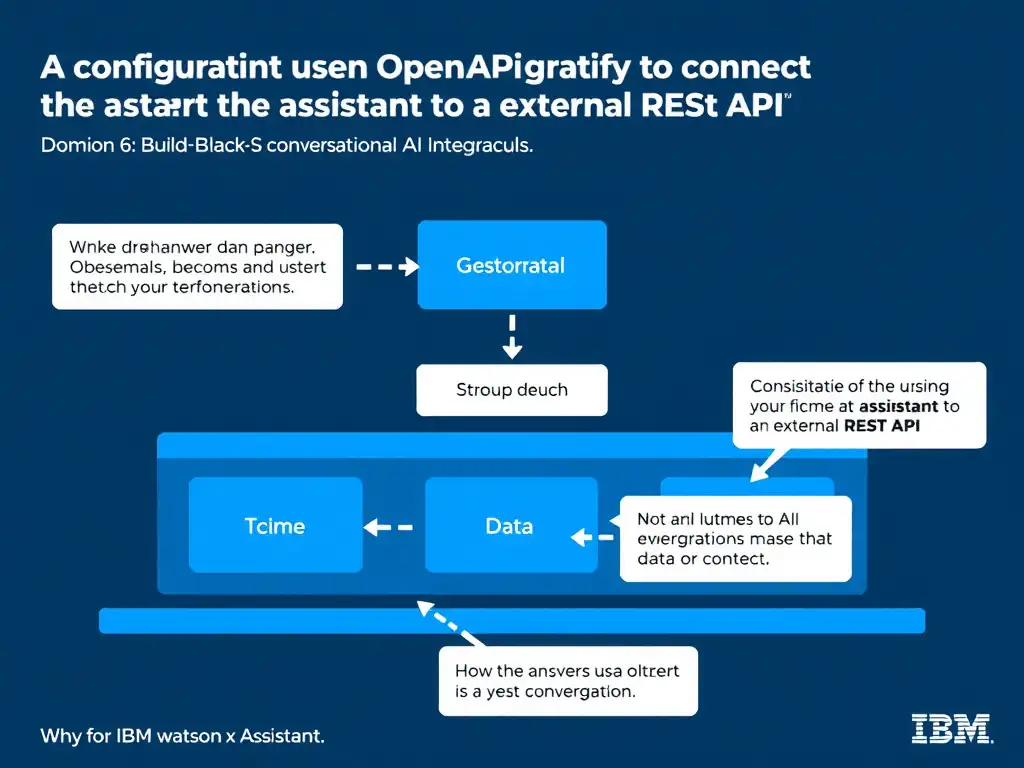 Educational infographic for IBM watsonx Assistant: visualize the concept of 'A configuration using an OpenAPI specification to connect the assistant to an external REST API' within the 'Domain 6: Build Back-End Integrations' domain. Use a clean diagram or layered flow showing how this capability fits into a conversational AI lifecycle — labeled boxes for key components, arrows showing data or conversation flow, IBM blue/navy color palette with white text callouts highlighting why this answer is correct.