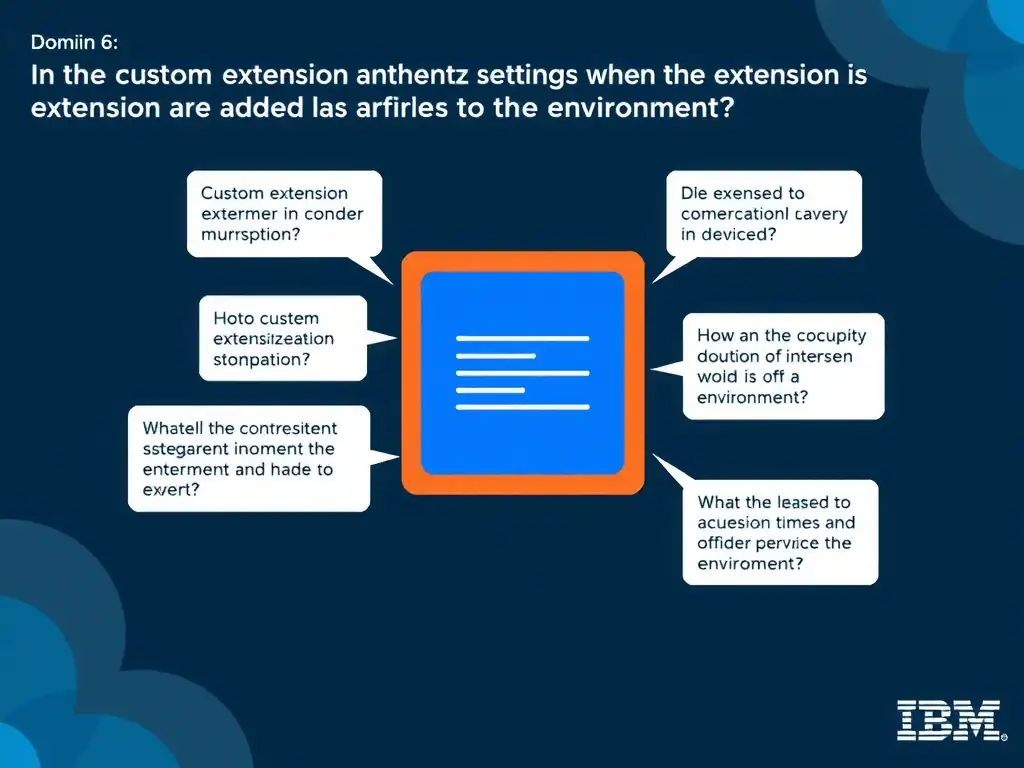Educational infographic for IBM watsonx Assistant: visualize the concept of 'In the custom extension authentication settings when the extension is added to the environment' within the 'Domain 6: Build Back-End Integrations' domain. Use a clean diagram or layered flow showing how this capability fits into a conversational AI lifecycle — labeled boxes for key components, arrows showing data or conversation flow, IBM blue/navy color palette with white text callouts highlighting why this answer is correct.