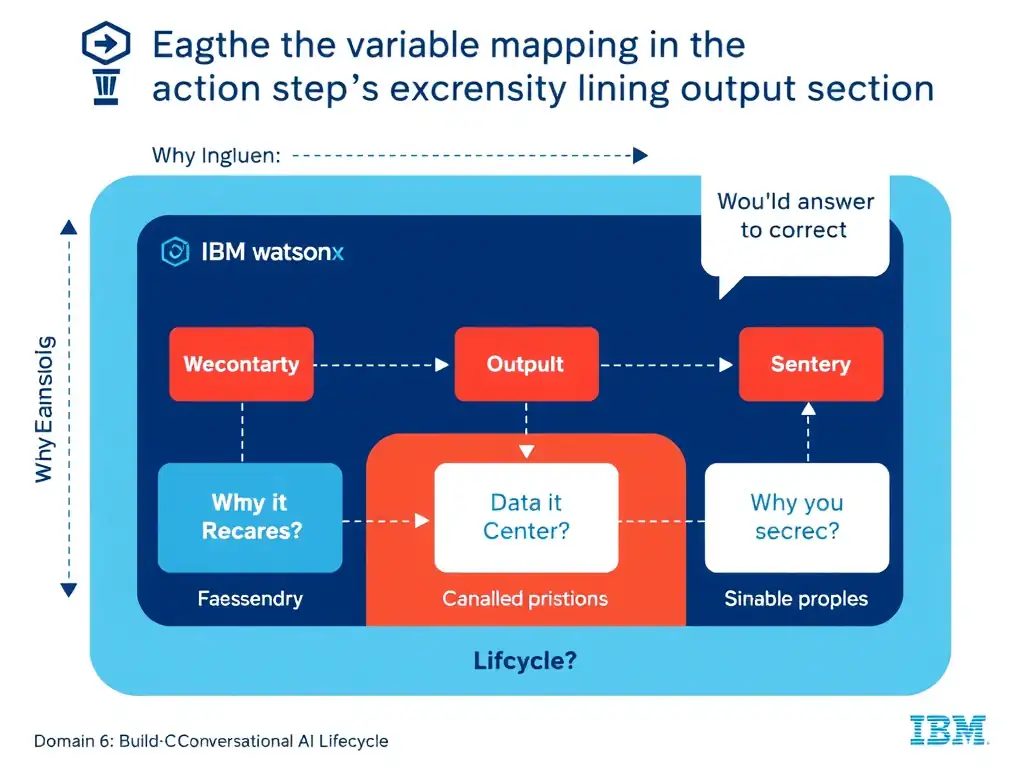 Educational infographic for IBM watsonx Assistant: visualize the concept of 'Using the variable mapping in the action step's extension output section' within the 'Domain 6: Build Back-End Integrations' domain. Use a clean diagram or layered flow showing how this capability fits into a conversational AI lifecycle — labeled boxes for key components, arrows showing data or conversation flow, IBM blue/navy color palette with white text callouts highlighting why this answer is correct.