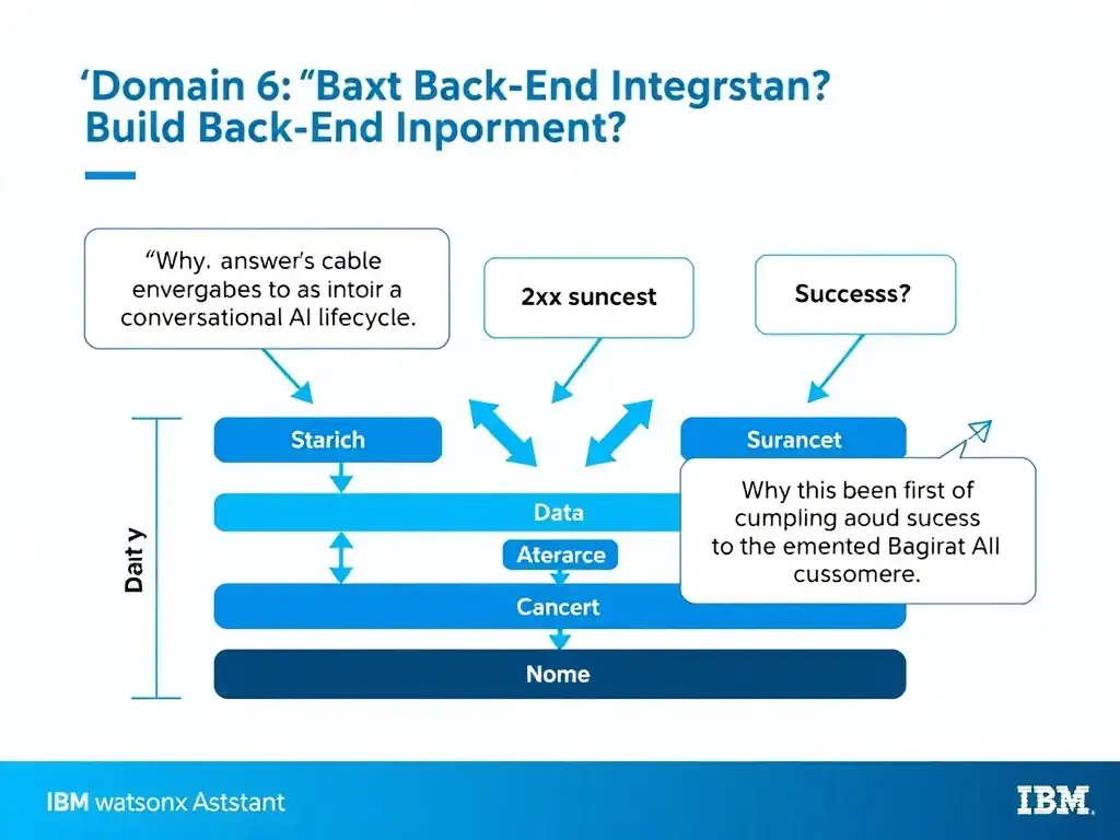 Educational infographic for IBM watsonx Assistant: visualize the concept of '2xx success' within the 'Domain 6: Build Back-End Integrations' domain. Use a clean diagram or layered flow showing how this capability fits into a conversational AI lifecycle — labeled boxes for key components, arrows showing data or conversation flow, IBM blue/navy color palette with white text callouts highlighting why this answer is correct.