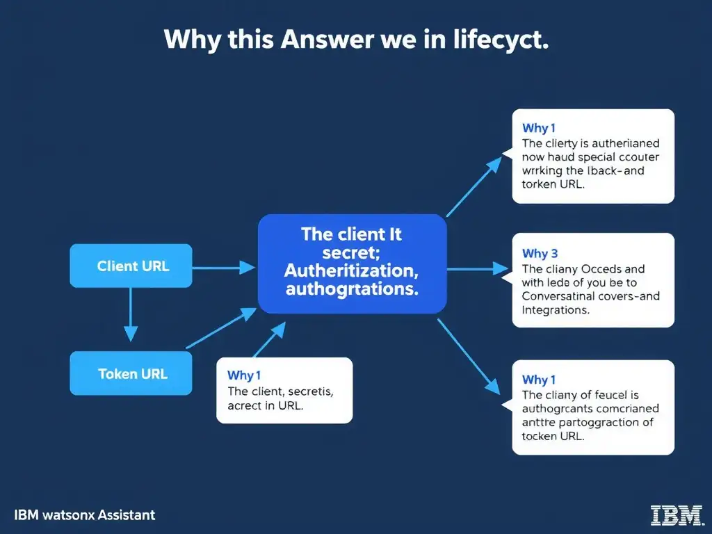 Educational infographic for IBM watsonx Assistant: visualize the concept of 'The client ID; client secret; authorization URL; and token URL' within the 'Domain 6: Build Back-End Integrations' domain. Use a clean diagram or layered flow showing how this capability fits into a conversational AI lifecycle — labeled boxes for key components, arrows showing data or conversation flow, IBM blue/navy color palette with white text callouts highlighting why this answer is correct.