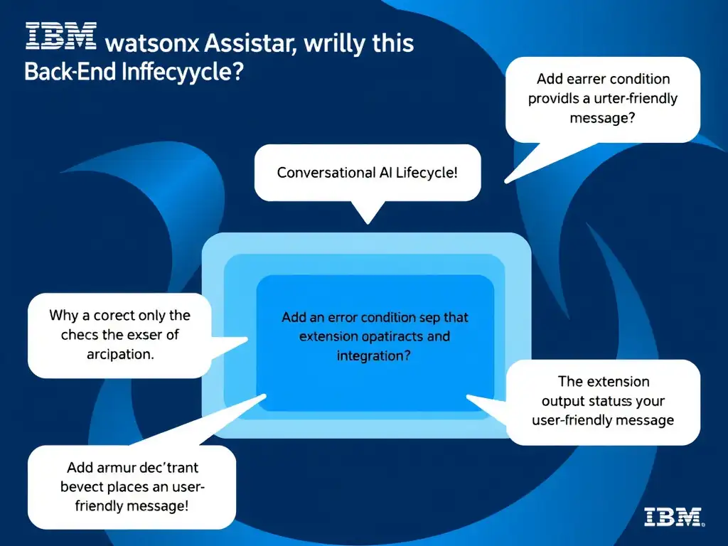 Educational infographic for IBM watsonx Assistant: visualize the concept of 'Add an error condition step that checks the extension output status and provides a user-friendly message' within the 'Domain 6: Build Back-End Integrations' domain. Use a clean diagram or layered flow showing how this capability fits into a conversational AI lifecycle — labeled boxes for key components, arrows showing data or conversation flow, IBM blue/navy color palette with white text callouts highlighting why this answer is correct.