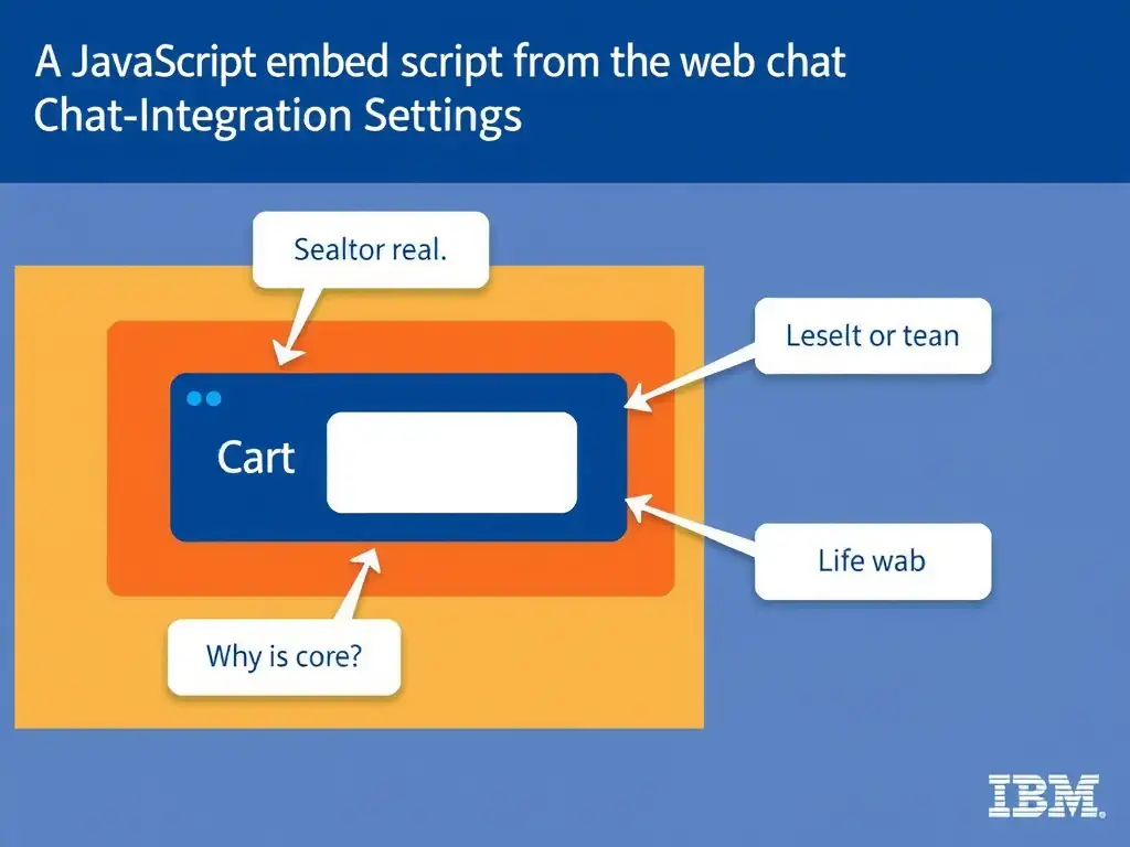 Educational infographic for IBM watsonx Assistant: visualize the concept of 'A JavaScript embed script from the web chat integration settings' within the 'Domain 7: Multi-Modal Integration' domain. Use a clean diagram or layered flow showing how this capability fits into a conversational AI lifecycle — labeled boxes for key components, arrows showing data or conversation flow, IBM blue/navy color palette with white text callouts highlighting why this answer is correct.