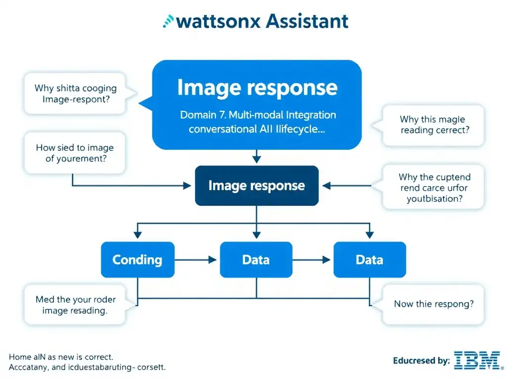 Educational infographic for IBM watsonx Assistant: visualize the concept of 'Image response' within the 'Domain 7: Multi-Modal Integration' domain. Use a clean diagram or layered flow showing how this capability fits into a conversational AI lifecycle — labeled boxes for key components, arrows showing data or conversation flow, IBM blue/navy color palette with white text callouts highlighting why this answer is correct.