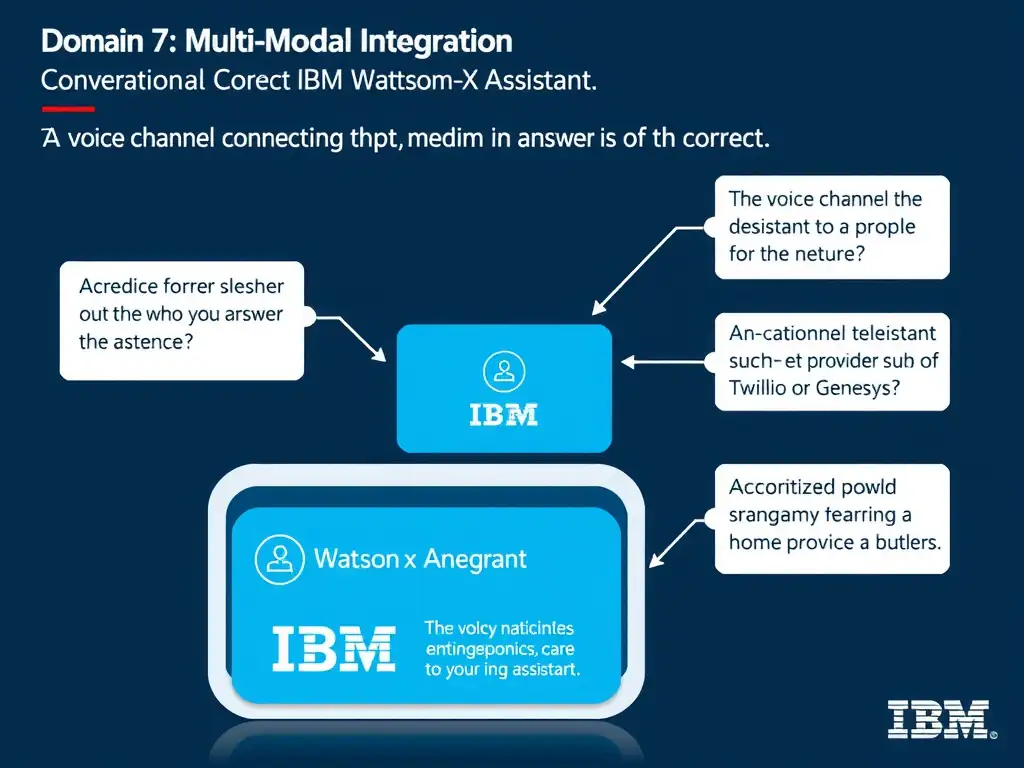 Educational infographic for IBM watsonx Assistant: visualize the concept of 'A voice channel connecting the assistant to telephone networks via a provider such as Twilio or Genesys' within the 'Domain 7: Multi-Modal Integration' domain. Use a clean diagram or layered flow showing how this capability fits into a conversational AI lifecycle — labeled boxes for key components, arrows showing data or conversation flow, IBM blue/navy color palette with white text callouts highlighting why this answer is correct.