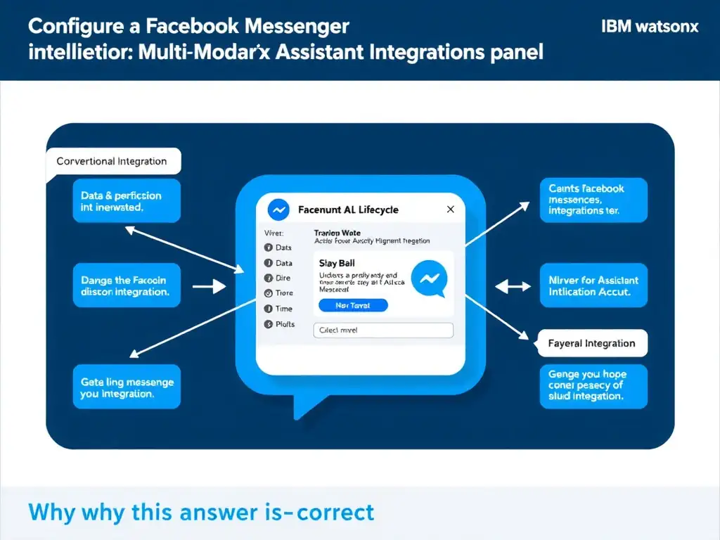 Educational infographic for IBM watsonx Assistant: visualize the concept of 'Configure a Facebook Messenger integration in the watsonx Assistant Integrations panel' within the 'Domain 7: Multi-Modal Integration' domain. Use a clean diagram or layered flow showing how this capability fits into a conversational AI lifecycle — labeled boxes for key components, arrows showing data or conversation flow, IBM blue/navy color palette with white text callouts highlighting why this answer is correct.