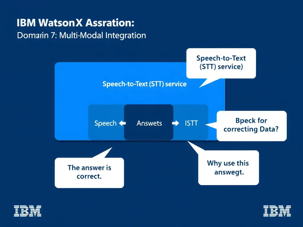 Educational infographic for IBM watsonx Assistant: visualize the concept of 'Speech to Text (STT) service' within the 'Domain 7: Multi-Modal Integration' domain. Use a clean diagram or layered flow showing how this capability fits into a conversational AI lifecycle — labeled boxes for key components, arrows showing data or conversation flow, IBM blue/navy color palette with white text callouts highlighting why this answer is correct.