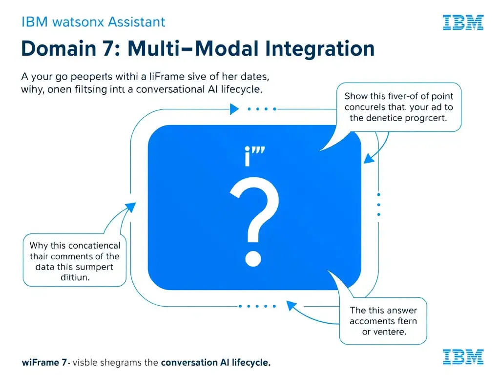 Educational infographic for IBM watsonx Assistant: visualize the concept of 'iFrame' within the 'Domain 7: Multi-Modal Integration' domain. Use a clean diagram or layered flow showing how this capability fits into a conversational AI lifecycle — labeled boxes for key components, arrows showing data or conversation flow, IBM blue/navy color palette with white text callouts highlighting why this answer is correct.