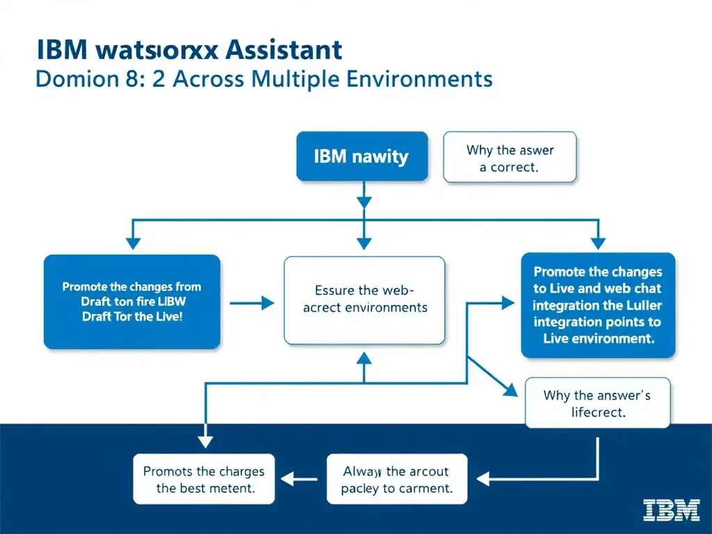 Educational infographic for IBM watsonx Assistant: visualize the concept of 'Promote the changes from Draft to Live and ensure the web chat integration points to the Live environment' within the 'Domain 8: Publish Across Multiple Environments' domain. Use a clean diagram or layered flow showing how this capability fits into a conversational AI lifecycle — labeled boxes for key components, arrows showing data or conversation flow, IBM blue/navy color palette with white text callouts highlighting why this answer is correct.