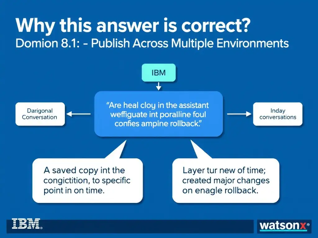 Educational infographic for IBM watsonx Assistant: visualize the concept of 'A saved copy of the assistant configuration at a specific point in time; created before major changes to enable rollback' within the 'Domain 8: Publish Across Multiple Environments' domain. Use a clean diagram or layered flow showing how this capability fits into a conversational AI lifecycle — labeled boxes for key components, arrows showing data or conversation flow, IBM blue/navy color palette with white text callouts highlighting why this answer is correct.