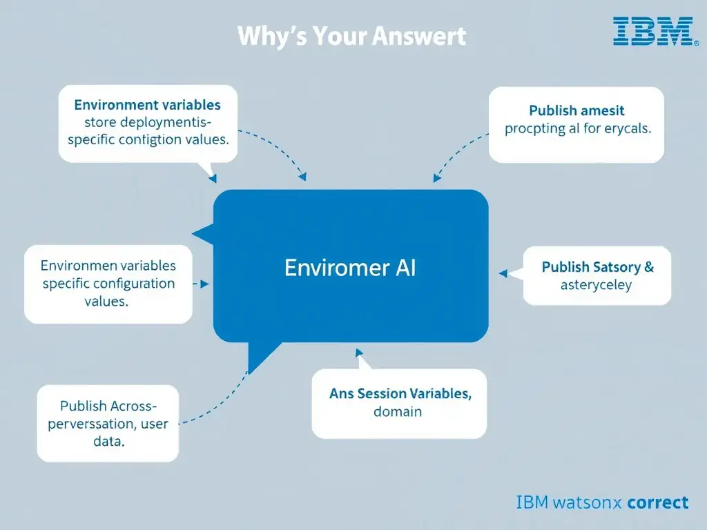 Educational infographic for IBM watsonx Assistant: visualize the concept of 'Environment variables store deployment-specific configuration values; session variables store per-conversation user data' within the 'Domain 8: Publish Across Multiple Environments' domain. Use a clean diagram or layered flow showing how this capability fits into a conversational AI lifecycle — labeled boxes for key components, arrows showing data or conversation flow, IBM blue/navy color palette with white text callouts highlighting why this answer is correct.