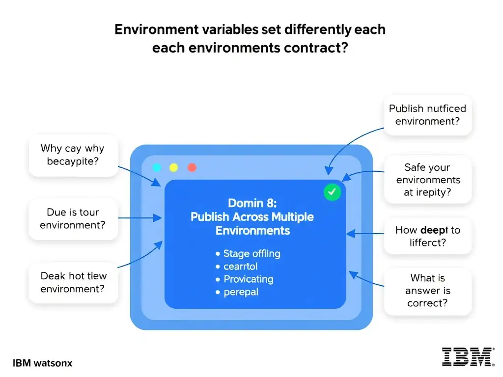 Educational infographic for IBM watsonx Assistant: visualize the concept of 'Environment variables set differently for each environment' within the 'Domain 8: Publish Across Multiple Environments' domain. Use a clean diagram or layered flow showing how this capability fits into a conversational AI lifecycle — labeled boxes for key components, arrows showing data or conversation flow, IBM blue/navy color palette with white text callouts highlighting why this answer is correct.