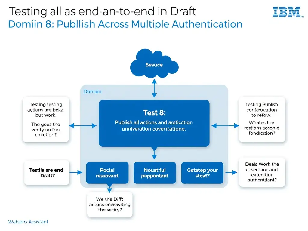 Educational infographic for IBM watsonx Assistant: visualize the concept of 'Testing all actions end-to-end in Draft and verifying custom extension authentication' within the 'Domain 8: Publish Across Multiple Environments' domain. Use a clean diagram or layered flow showing how this capability fits into a conversational AI lifecycle — labeled boxes for key components, arrows showing data or conversation flow, IBM blue/navy color palette with white text callouts highlighting why this answer is correct.