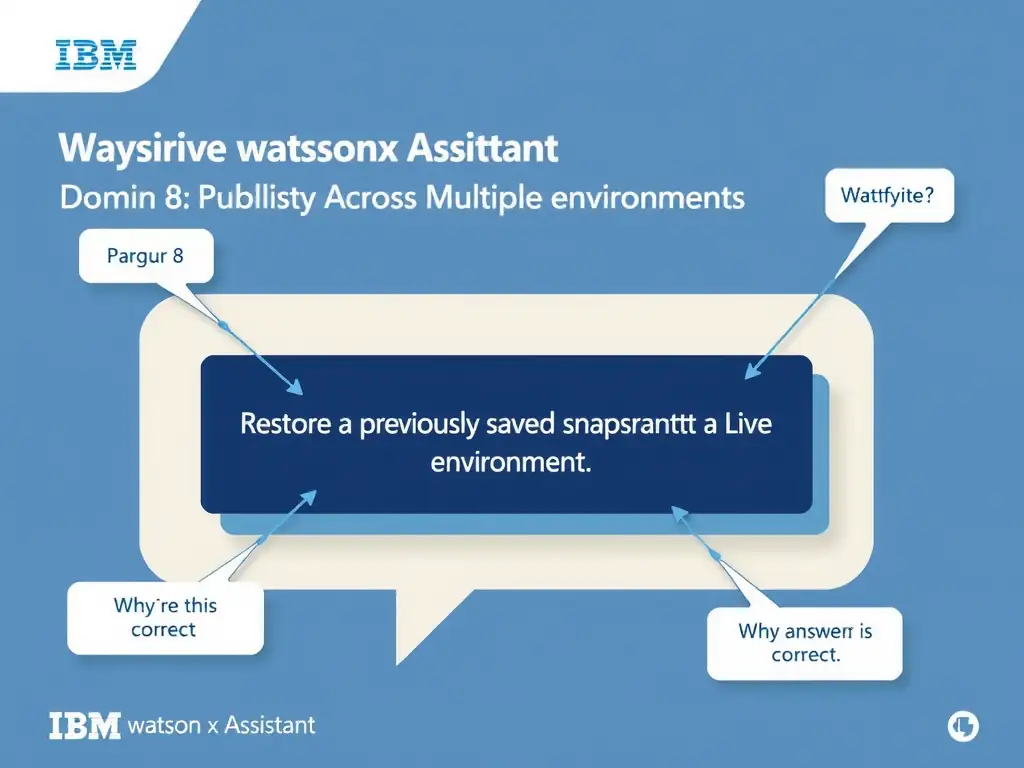 Educational infographic for IBM watsonx Assistant: visualize the concept of 'Restore a previously saved version snapshot to the Live environment' within the 'Domain 8: Publish Across Multiple Environments' domain. Use a clean diagram or layered flow showing how this capability fits into a conversational AI lifecycle — labeled boxes for key components, arrows showing data or conversation flow, IBM blue/navy color palette with white text callouts highlighting why this answer is correct.