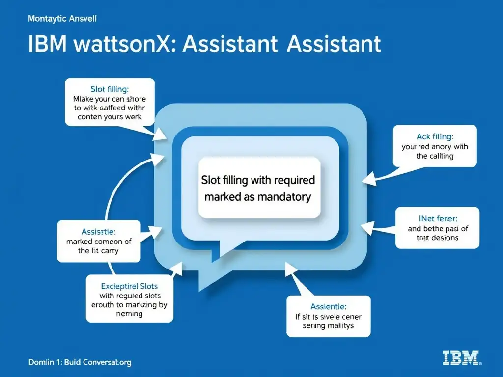 Educational infographic for IBM watsonx Assistant: visualize the concept of 'Slot filling with required slots marked as mandatory' within the 'Domain 1: Build Conversations' domain. Use a clean diagram or layered flow showing how this capability fits into a conversational AI lifecycle — labeled boxes for key components, arrows showing data or conversation flow, IBM blue/navy color palette with white text callouts highlighting why this answer is correct.