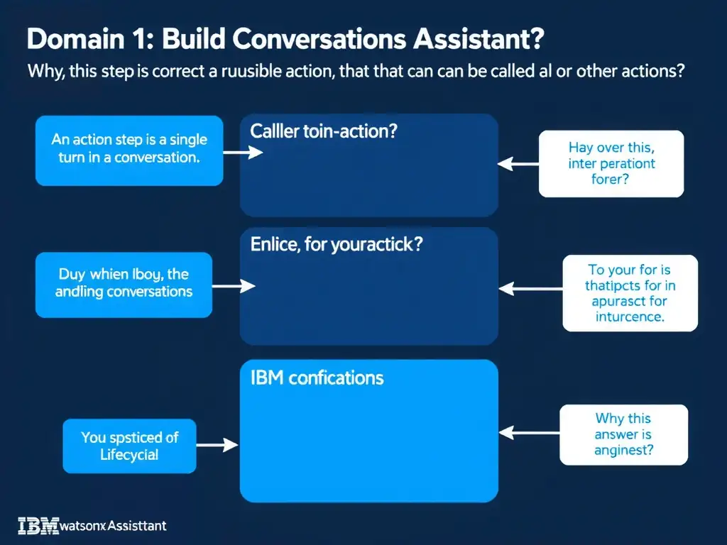 Educational infographic for IBM watsonx Assistant: visualize the concept of 'An action step is a single turn in a conversation; a subaction is a reusable action that can be called from other actions' within the 'Domain 1: Build Conversations' domain. Use a clean diagram or layered flow showing how this capability fits into a conversational AI lifecycle — labeled boxes for key components, arrows showing data or conversation flow, IBM blue/navy color palette with white text callouts highlighting why this answer is correct.