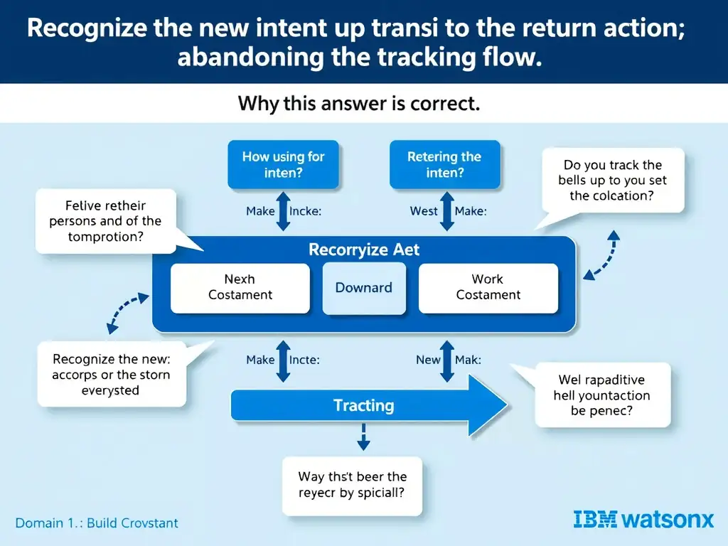 Educational infographic for IBM watsonx Assistant: visualize the concept of 'Recognize the new intent and transition to the return action; abandoning the tracking flow' within the 'Domain 1: Build Conversations' domain. Use a clean diagram or layered flow showing how this capability fits into a conversational AI lifecycle — labeled boxes for key components, arrows showing data or conversation flow, IBM blue/navy color palette with white text callouts highlighting why this answer is correct.