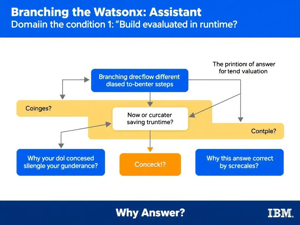 Educational infographic for IBM watsonx Assistant: visualize the concept of 'Branching directs flow to different steps based on conditions evaluated at runtime' within the 'Domain 1: Build Conversations' domain. Use a clean diagram or layered flow showing how this capability fits into a conversational AI lifecycle — labeled boxes for key components, arrows showing data or conversation flow, IBM blue/navy color palette with white text callouts highlighting why this answer is correct.