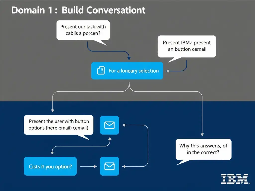 Educational infographic for IBM watsonx Assistant: visualize the concept of 'Present the user with button options (phone; email) and branch based on the selection' within the 'Domain 1: Build Conversations' domain. Use a clean diagram or layered flow showing how this capability fits into a conversational AI lifecycle — labeled boxes for key components, arrows showing data or conversation flow, IBM blue/navy color palette with white text callouts highlighting why this answer is correct.