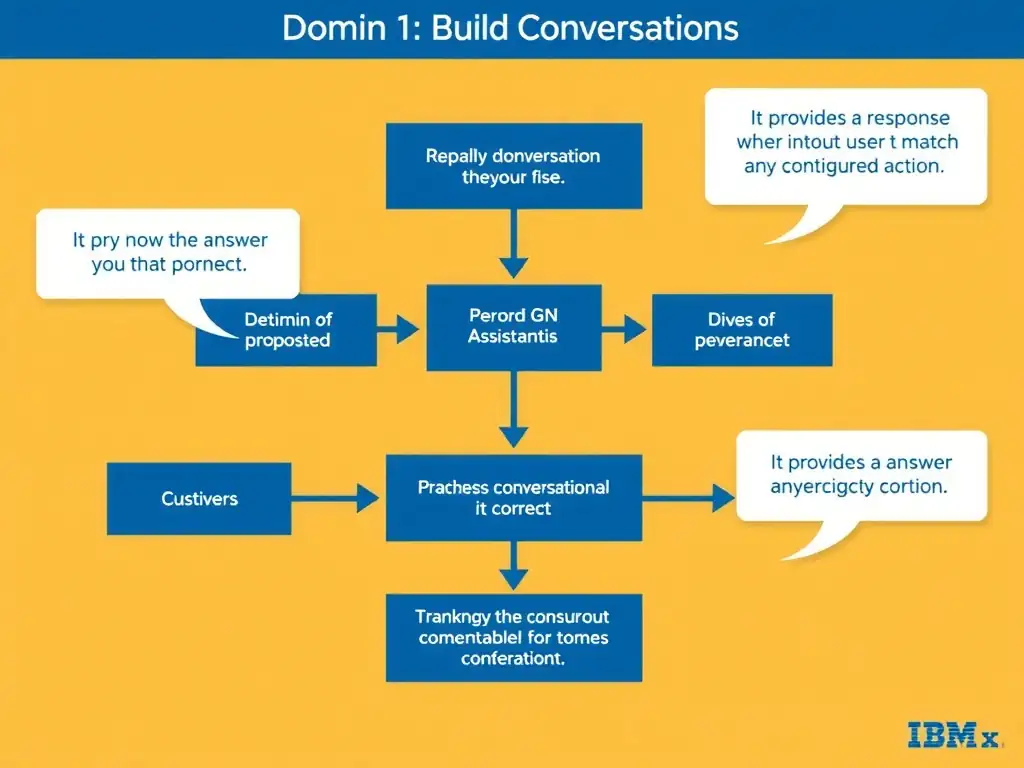 Educational infographic for IBM watsonx Assistant: visualize the concept of 'It provides a response when user input does not match any configured action' within the 'Domain 1: Build Conversations' domain. Use a clean diagram or layered flow showing how this capability fits into a conversational AI lifecycle — labeled boxes for key components, arrows showing data or conversation flow, IBM blue/navy color palette with white text callouts highlighting why this answer is correct.