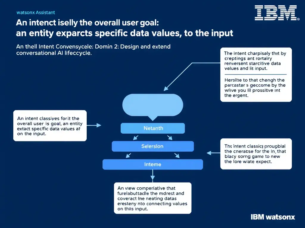 Educational infographic for IBM watsonx Assistant: visualize the concept of 'An intent classifies the overall user goal; an entity extracts specific data values from the input' within the 'Domain 2: Design and Extend Conversations' domain. Use a clean diagram or layered flow showing how this capability fits into a conversational AI lifecycle — labeled boxes for key components, arrows showing data or conversation flow, IBM blue/navy color palette with white text callouts highlighting why this answer is correct.