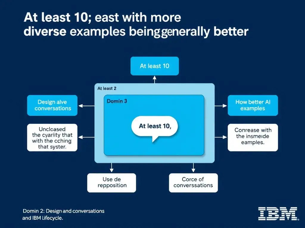 Educational infographic for IBM watsonx Assistant: visualize the concept of 'At least 10; with more diverse examples being generally better' within the 'Domain 2: Design and Extend Conversations' domain. Use a clean diagram or layered flow showing how this capability fits into a conversational AI lifecycle — labeled boxes for key components, arrows showing data or conversation flow, IBM blue/navy color palette with white text callouts highlighting why this answer is correct.