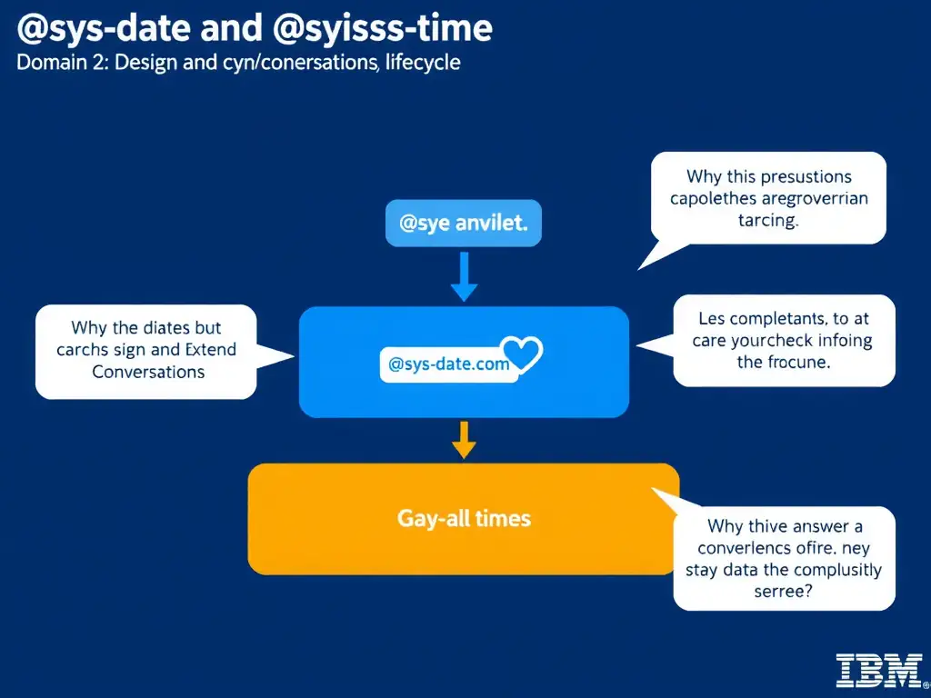 Educational infographic for IBM watsonx Assistant: visualize the concept of '@sys-date and @sys-time' within the 'Domain 2: Design and Extend Conversations' domain. Use a clean diagram or layered flow showing how this capability fits into a conversational AI lifecycle — labeled boxes for key components, arrows showing data or conversation flow, IBM blue/navy color palette with white text callouts highlighting why this answer is correct.