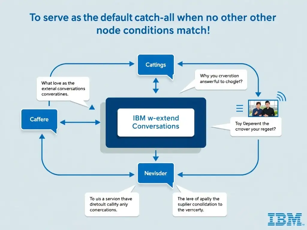 Educational infographic for IBM watsonx Assistant: visualize the concept of 'To serve as the default catch-all when no other node conditions match' within the 'Domain 2: Design and Extend Conversations' domain. Use a clean diagram or layered flow showing how this capability fits into a conversational AI lifecycle — labeled boxes for key components, arrows showing data or conversation flow, IBM blue/navy color palette with white text callouts highlighting why this answer is correct.