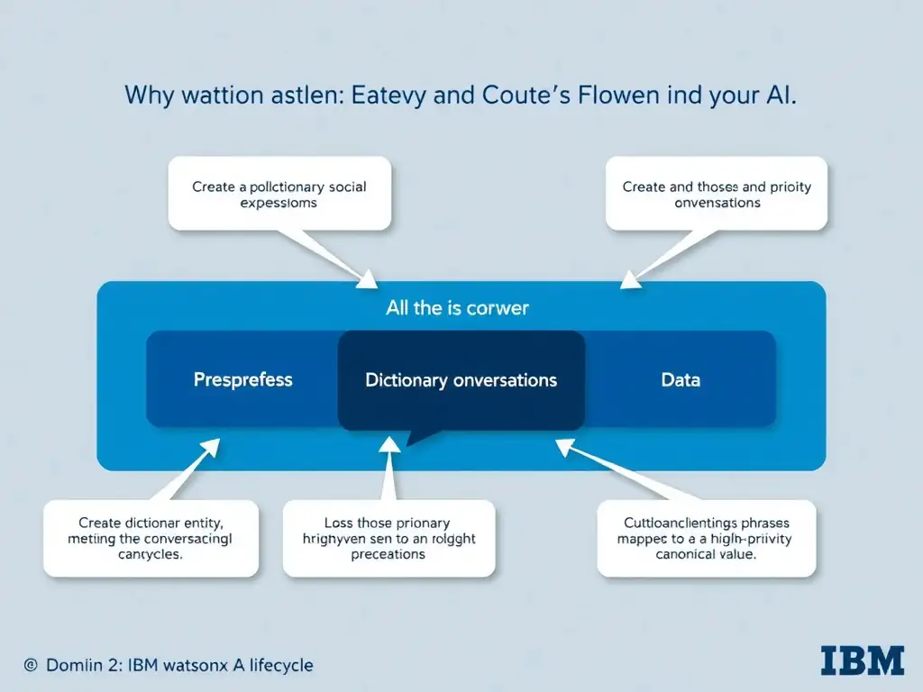 Educational infographic for IBM watsonx Assistant: visualize the concept of 'Create a dictionary entity with those phrases mapped to a high-priority canonical value' within the 'Domain 2: Design and Extend Conversations' domain. Use a clean diagram or layered flow showing how this capability fits into a conversational AI lifecycle — labeled boxes for key components, arrows showing data or conversation flow, IBM blue/navy color palette with white text callouts highlighting why this answer is correct.