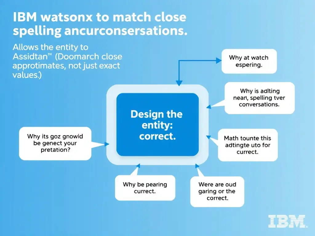 Educational infographic for IBM watsonx Assistant: visualize the concept of 'Allows the entity to match close spelling approximations; not just exact values' within the 'Domain 2: Design and Extend Conversations' domain. Use a clean diagram or layered flow showing how this capability fits into a conversational AI lifecycle — labeled boxes for key components, arrows showing data or conversation flow, IBM blue/navy color palette with white text callouts highlighting why this answer is correct.