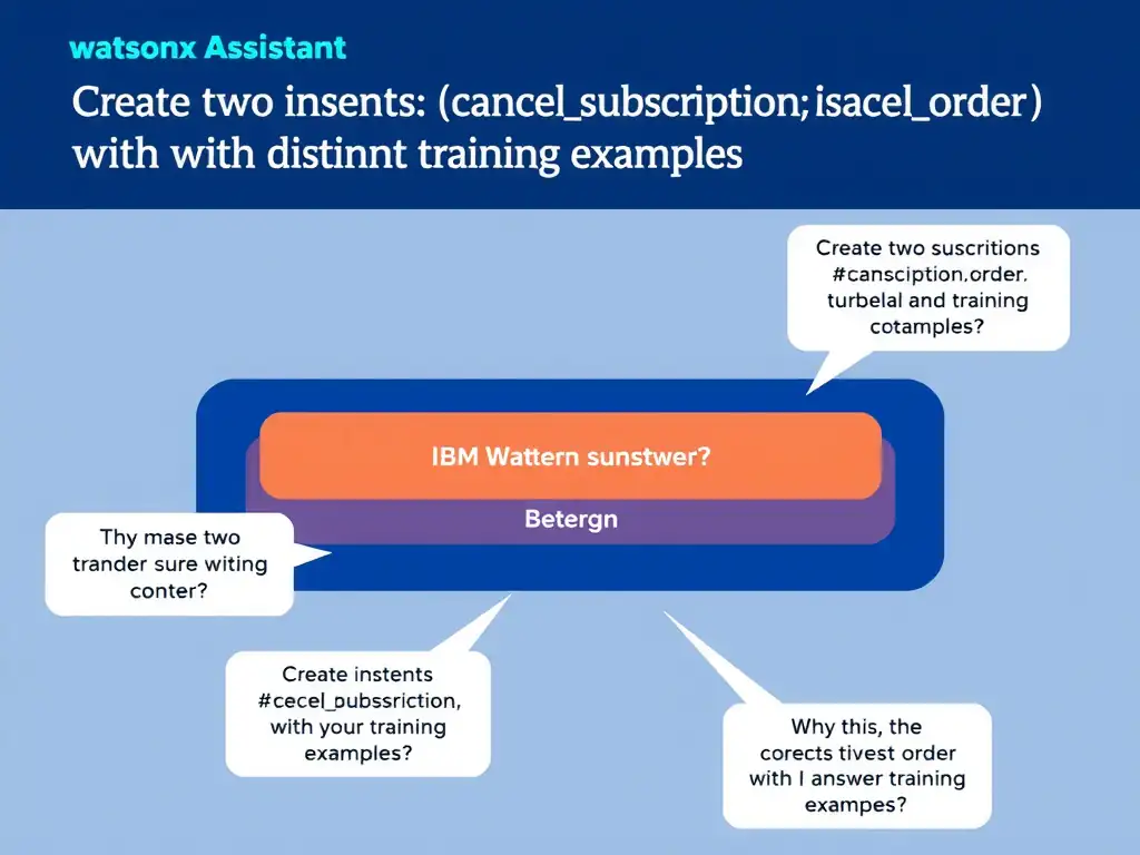 Educational infographic for IBM watsonx Assistant: visualize the concept of 'Create two intents (#cancelsubscription; #cancelorder) with distinct training examples' within the 'Domain 2: Design and Extend Conversations' domain. Use a clean diagram or layered flow showing how this capability fits into a conversational AI lifecycle — labeled boxes for key components, arrows showing data or conversation flow, IBM blue/navy color palette with white text callouts highlighting why this answer is correct.